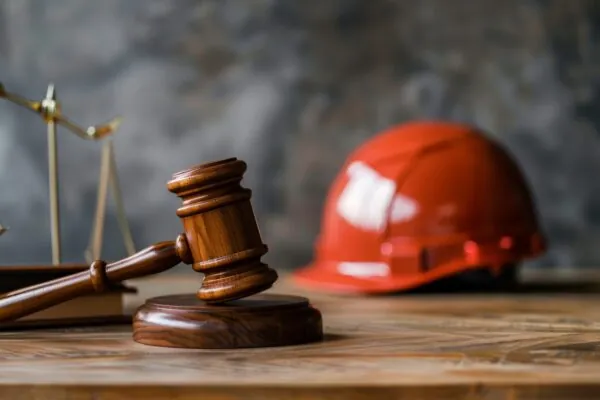 A gavel is positioned prominently on a wooden desk alongside a bright orange hard hat and legal scales, representing the intersection of law and construction safety.
