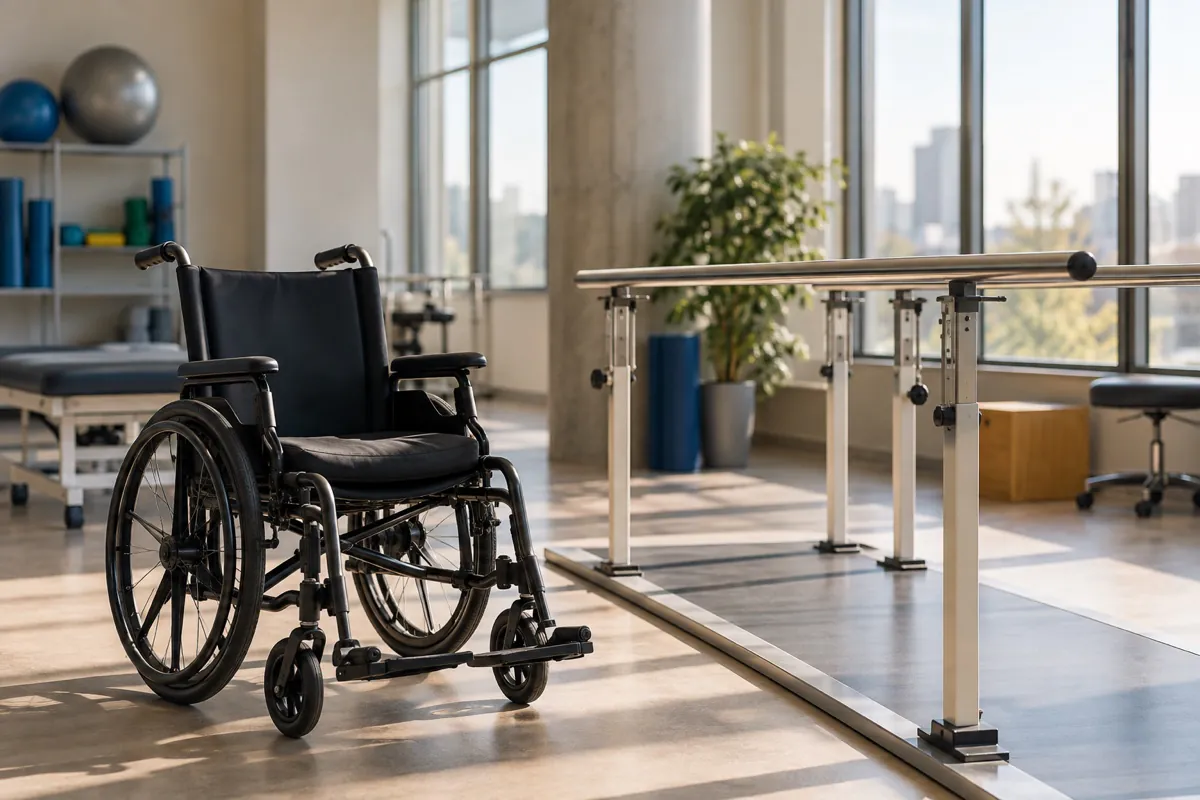 Empty rehabilitation room with a wheelchair and therapy equipment