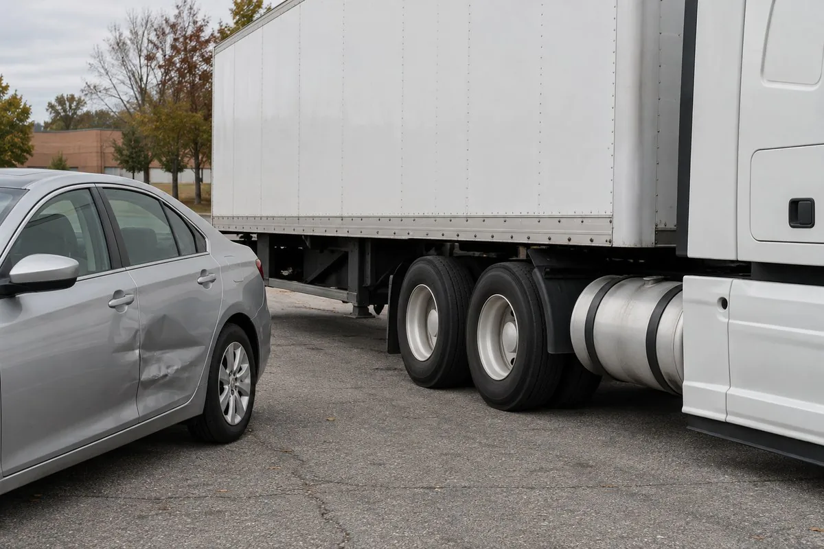 Tractor-trailer and damaged passenger car stopped beside a Pennsylvania roadway