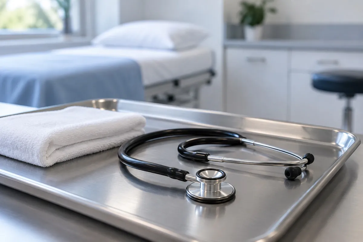 Stethoscope on a stainless steel tray in a medical treatment room