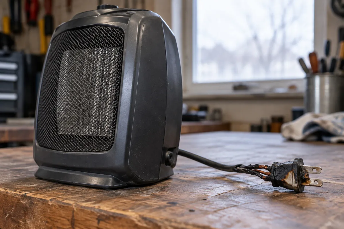 Unplugged space heater with a damaged electrical cord on a workbench