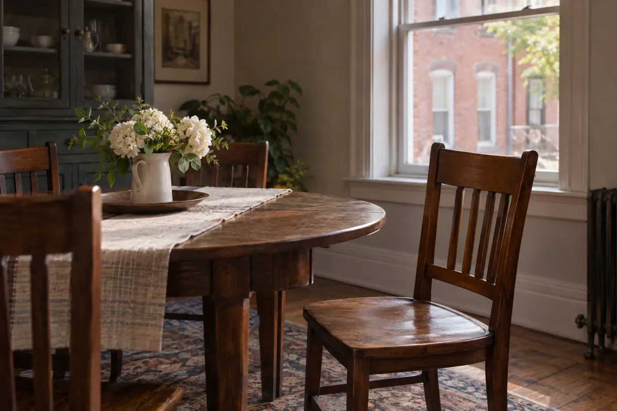 Empty chair beside a family dining table and white flowers